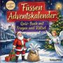 "Füssen Adventskalender: Quiz-Buch mit Fragen und Rätsel." Ein Weihnachtsmann mit Geschenken, ein Engel, ein Baum.