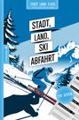 Text: "Stadt, Land, Ski Abfahrt", "105 Seiten". Illustration: Skifahrer den Hang hinunter, Berge im Hintergrund.