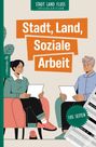 Stadt, Land, Soziale Arbeit. Zwei gezeichnete Personen sitzen sich in Sesseln gegenüber und halten Papiere.