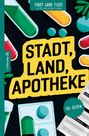 "STADT, LAND, APOTHEKE" auf gelbem Hintergrund, eingekreist von bunten Pillen und einem grünen Bereich mit "STADT LAND FLUSS SPEZIALEDITION".