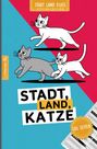 Oberer Text: "STADT LAND FLUSS SPEZIALEDITION". Haupttext: "STADT, LAND, KATZE". Zwei weiße Katzen und eine graue Katze.