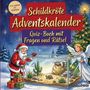"Schildkröte Adventskalender. Quiz-Buch mit Fragen und Rätsel. Santa und ein Engel mit Terrarium vor Weihnachtsbaum."