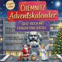 "Chemnitz Adventskalender: Quiz-Buch mit Fragen und Rätsel." Weihnachtsmann, Engel vor Karl-Marx-Büste, Tannenbaum.