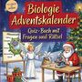 Titel: "Biologie Adventskalender – Quiz-Buch mit Fragen und Rätsel". Engel und Weihnachtsmann im Labor mit Zellposter.
