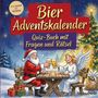 "Bier Adventskalender. Quiz-Buch mit Fragen und Rätsel. Illustration: Weihnachtsmann und Engel trinken Bier am Tisch."