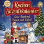 "Kochen Adventskalender: Quiz-Buch mit Fragen und Rätsel". Illustration: Weihnachtsmann kocht; Engel probiert.