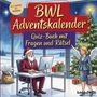 Texte: "BWL Adventskalender", "Quiz-Buch mit Fragen und Rätsel", "Von leicht bis schwer". Illustration mit Weihnachts-Szenen.