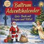 "Baltrum Adventskalender: Quiz-Buch mit Fragen und Rätsel. Illustration mit Weihnachtsmann, Engel und dekoriertem Baum."