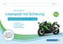 "Lesespaß mit Schwung" ist ein Arbeitsheft für die 1. Klasse. Rechts unten eine grüne, schwarze Motorradillustration.