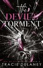 "The Devil's Torment", "Die De-Vil Dynastie Buch 2", "Tracie Delaney". Zerbrochenes Glas und pinke Federn auf schwarzem Hintergrund.