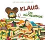 Titel: "Klaus, die Büchermause". Illustration einer Maus auf einem bunten Bücherstapel.