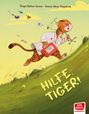 Text: "Özge Bahar Sunar, Sezen Aksu Taşyürek. HILFE, TIGER!" Illustration: Tiger in Arztkittel mit Notfallkoffer.