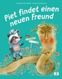 „Piet findet einen neuen Freund“; Dachs in Kleidung, großer Wurm mit Gesicht und Pflanzenkrone, bunte Blumen.