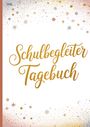 "Schulbegleiter Tagebuch" in goldener Schrift, umgeben von funkelnden Sternen und Punkten auf weißem Hintergrund.
