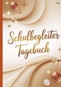"Schulbegleiter Tagebuch." Elegante, geschwungene Schrift vor einem beigen Hintergrund mit glitzernden Kugeln und Sternen.