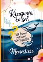 "Kreuzworträtsel", "A4 Format mit rund 400 Begriffen", "Meerestiere". Illustration: Wale, Delfin, Aquarell-Effekte.