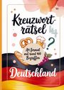"Kreuzworträtsel", "A4 Format mit rund 400 Begriffen", "Deutschland". Illustration mit Brezel, Bier, Brot, Trauben.