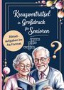 "Kreuzworträtsel in Großdruck für Senioren" mit Illustrationen von zwei älteren Menschen, die ein Buch lesen.