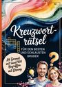 „Kreuzworträtsel für den besten und schlausten Bruder“, bunte Wellen, Umriss eines Kreuzworträtsels, Mann und Frau lächelnd.