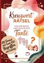 "Kreuzworträtsel für die beste und schlauste Tante. A4 Format mit rund 450 Begriffen mit Lösung." Bunte abstrakte Formen.