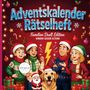 "Adventskalender Rätselheft. Familien Duel Edition. Kinder gegen Eltern." Illustration mit lachenden Menschen und Hund. Weihnachtliche Dekorationen.