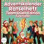 „Adventskalender Rätselheft Team Duell Edition für Erzieher.“ Illustrationen von fröhlichen Menschen in Winterkleidung.