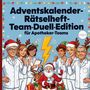Adventskalender-Rätselheft-Team-Duell-Edition für Apotheker-Teams. Weihnachtsmann, Rentiere, Apotheker in Festkleidung.