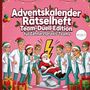 Adventskalender Rätselheft Team-Duell-Edition für Zahnarztpraxis-Teams. Fröhliche Zahnärzte in Weihnachtskleidung umgeben den Weihnachtsmann auf einem Zahnarztstuhl.
