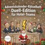 Adventskalender-Rätselheft Duell-Edition für Hotel-Teams. Illustration: Menschen in festlicher Kleidung am Empfang.