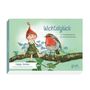 Texte: "Wichtelglück", "Ein Postkartenbuch von Daniela Drescher". Illustration: Wichtel und Rotkehlchen auf Ast.