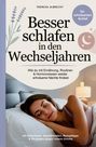 "Besser schlafen in den Wechseljahren." Frau schläft friedlich im Bett. Lavendel und Mond-Symbole dekorieren die Szene.