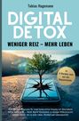 „DIGITAL DETOX: WENIGER REIZ – MEHR LEBEN“. Ein Baum wächst aus einem Smartphone auf einer Steinoberfläche.