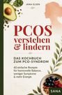 Titel: "PCOS verstehen & lindern". Eine Avocado und Früchteschale mit Beeren und Nüssen. Logo "SANA".