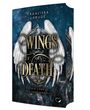 "Franziska Labude, Wings of Death: Die Liebe des Todesengels." Goldene Schrift, Engelsflügel, blauer Nachthimmel.
