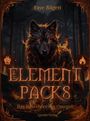Text: "Faye Bilgett", "Element Packs", "Das Feuerherz des Omegas", "Lycrow Verlag". 

Illustration: Ein Wolf mit feurigen Augen im Wald.