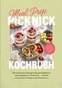 „Meal Prep Picknick Kochbuch“, „INKL. Frühstück im Glas, Wraps, Chutneys, Drinks, UVM.“ Zwei Gläser mit Müsli, Box mit Snacks.