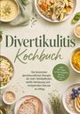 "Divertikulitis Kochbuch" in großen Buchstaben, umgeben von gesunden Speisen wie Suppen, Getreide und Gemüse.