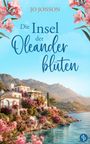 "Die Insel der Oleanderblüten", Jo Jonson. Häuser am Meer, umgeben von Oleanderblüten und Bergen im Hintergrund.
