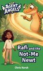 Text: "Agent Angels. Rafi and the Not-Me Newt. Chris Kersh." Illustration: Kind und Salamander mit magischem Wirbel im Hintergrund.