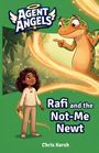 Text: "Agent Angels", "Rafi and the Not-Me Newt", "Chris Kersh". Illustration: Ein Kind schaut zu einem sprechenden Molch.