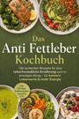 Titel: "Das Anti Fettleber Kochbuch". Verschiedene gesunde Gerichte auf grünem Hintergrund, darunter Lachs, Quinoa, Gemüse.
