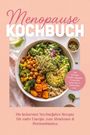 "Menopause Kochbuch", rosa Hintergrund, gesunde Lebensmittel in Schüssel: Avocado, Kichererbsen, Brokkoli, Quinoa.