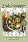 „Selbstversorger Homefarming Kochbuch“, grüne Schale mit Salat, Microgreens, dekorative Blüten und Besteck.