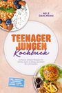 "TEENAGER JUNGEN Kochbuch" in orange und lila, zeigt Müsli, Jogurt, ein Burger mit Pommes. Autor: Nele Dahlmann.