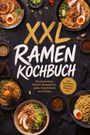 XXL RAMEN KOCHBUCH: Umgeben von Schalen bunter, dekorativer Ramen-Gerichte mit Eiern, Fleisch und Gemüse.