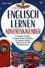 „Englisch Lernen Adventskalender“. Illustration mit rotem Bus und weihnachtlicher Szene in der Stadt.