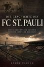 „Die Geschichte des FC St. Pauli“, altes Foto, Fußballspieler, im Hintergrund ein Stadion mit Hafen im Abendlicht.