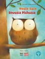"Heule Eule, Sowusia Płakusia" Deutsch-Polnisch. Illustration einer Eule auf einem Ast mit großem Kopf und runden Augen.