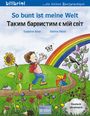 "So bunt ist meine Welt. Susanne Böse, Bettina Reich. Illustration: Kind mit Rucksack läuft fröhlich über Blumenwiese."