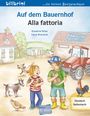 "Auf dem Bauernhof. Alla fattoria." Zwei Kinder mit Tieren, umgeben von Hund, Huhn, Ziege und Traktor auf einem Bauernhof.